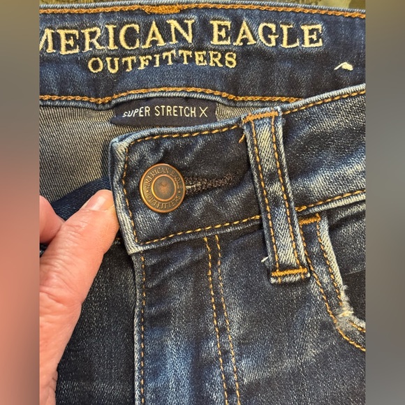 American Eagle Women's Jeans Stretch HELL YEAH Embroidery On Back Blue Denim 2 - Picture 7 of 8